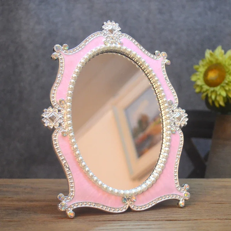 European Pearl Mirror Blocks Oval Silver White Creative Personality Mirror Blocks Cute Makeup Miroir Mural Household Products