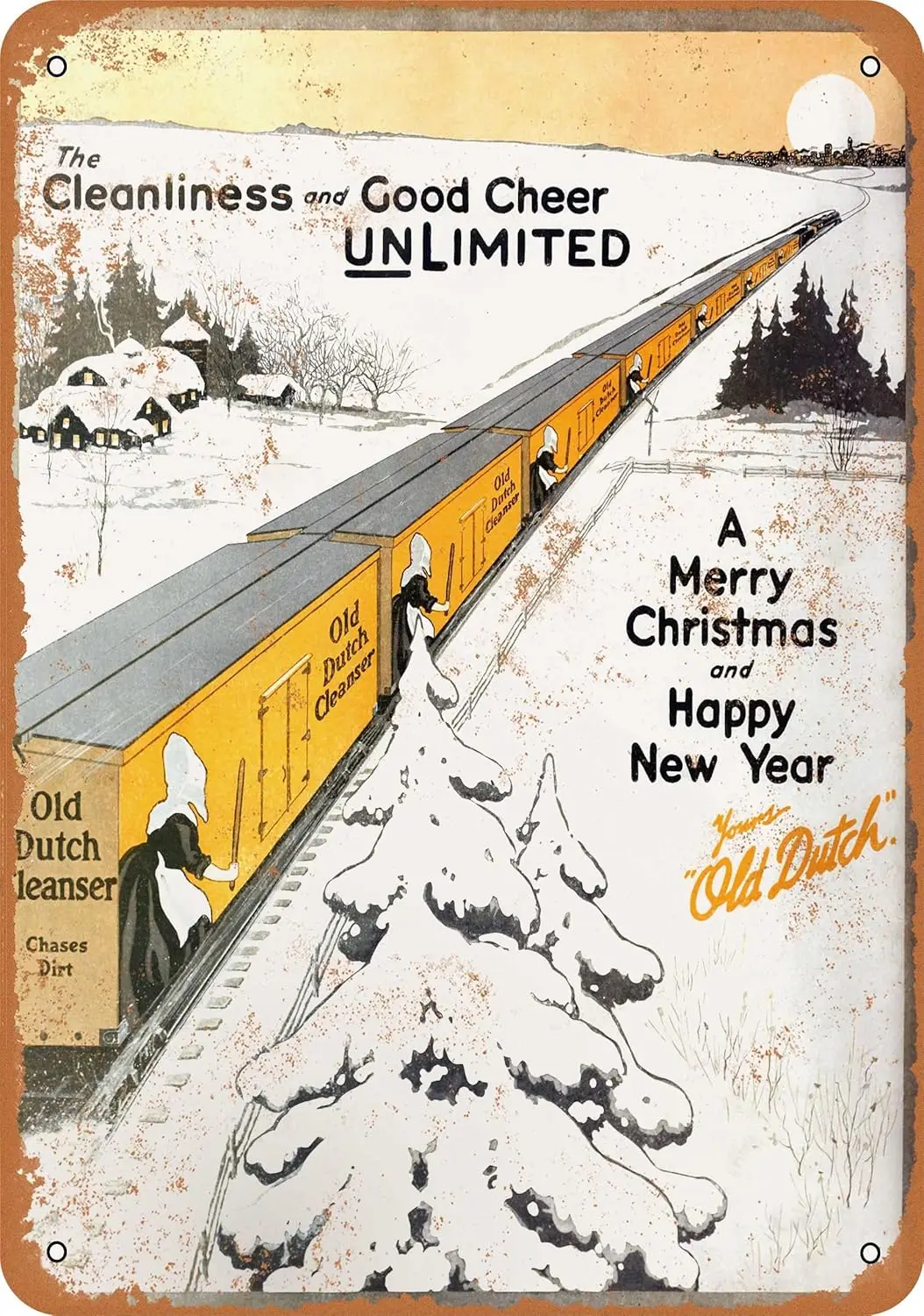 10 x 14 METAL SIGN - 1916 Old Dutch Cleanser Christmas and Railroads - Vintage Rusty Look-aluminum