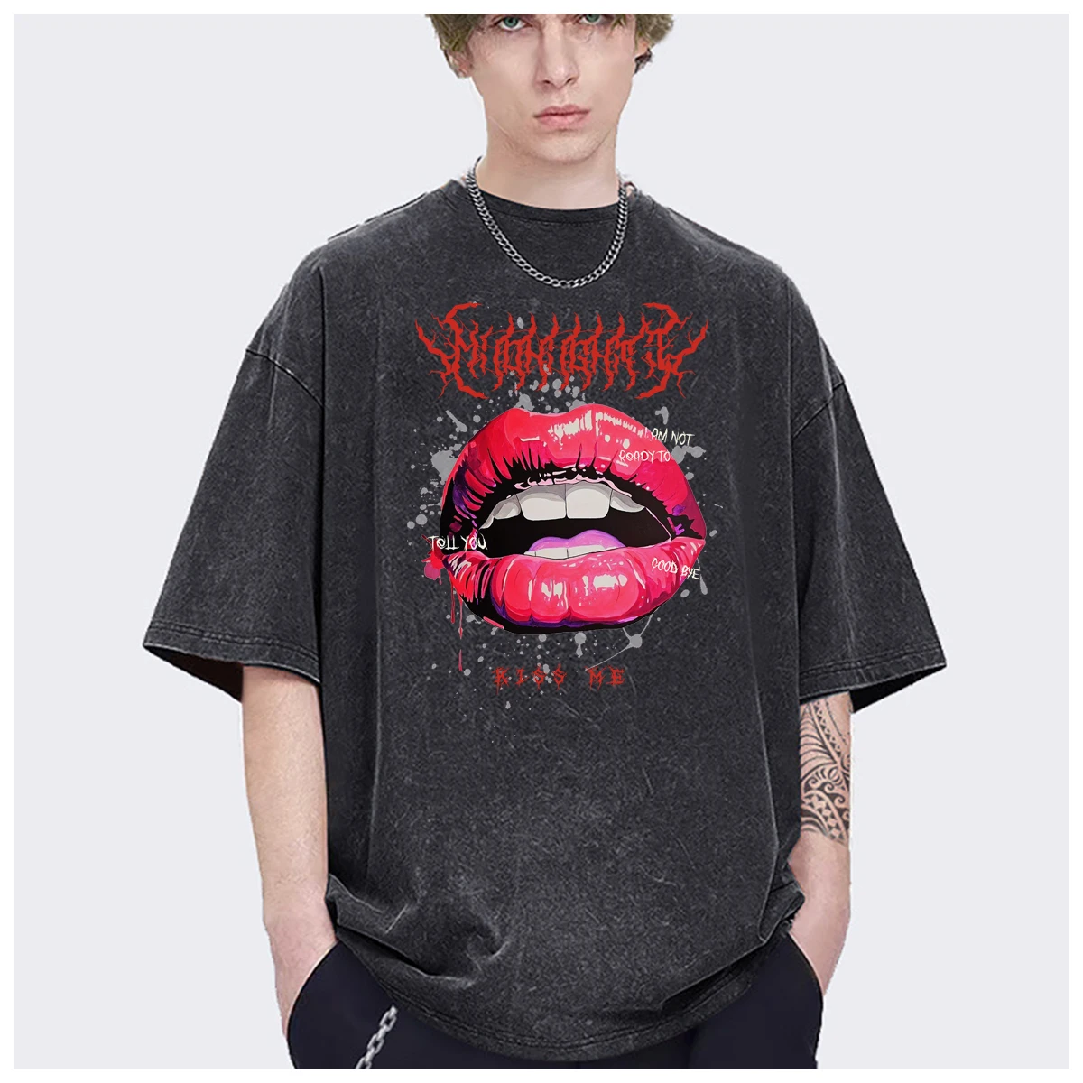 Streetwear Vermilion border red lips kiss me harajuku Oversized mens  t shirt Womens Fashion Casual Vintage Washed Cotton Tops