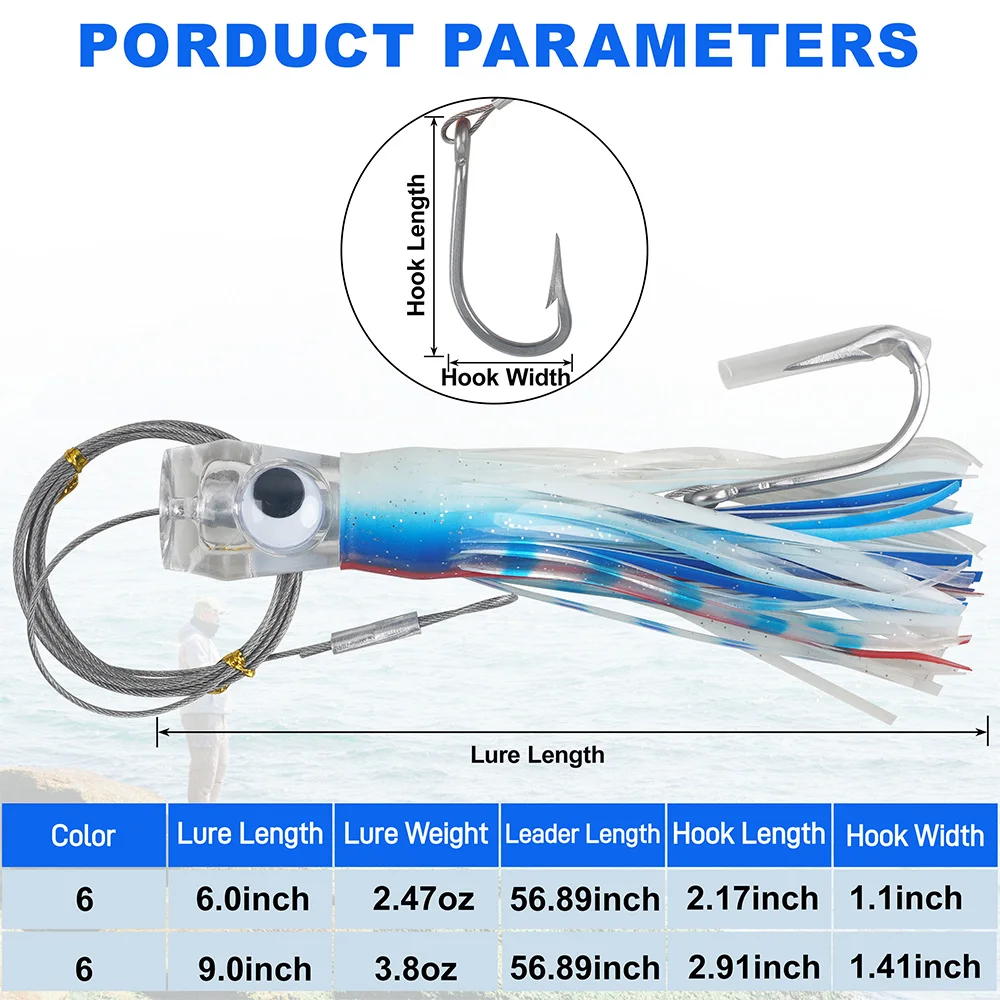 6Pcs Saltwater Tolling Lures Squid Skirt Deep Sea Fishing Lure Set Offshore Big Game Rigged Trolling Lures for Tuna Marlin Wahoo
