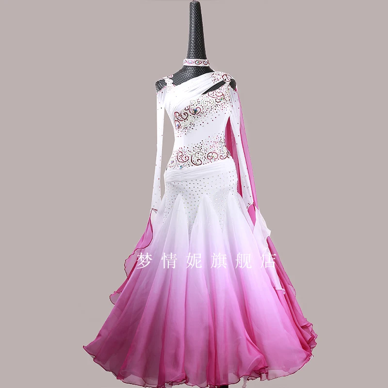 

New Modern Dance Competition Costume Big Hem Ribbon Diamond Dress Ballroom National Standard Waltz Dancing Performance Outfits