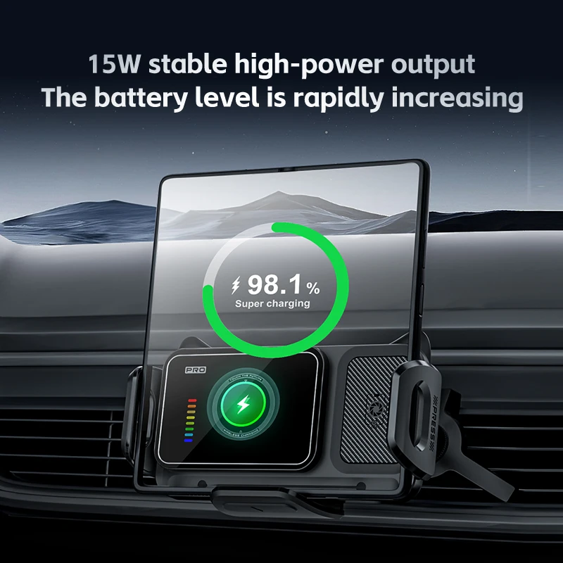 Foldable Car Wireless Charger, 15W Wireless Charging Stand, Adjustable Magnetic Charging Mount for Vehicle Dashboard