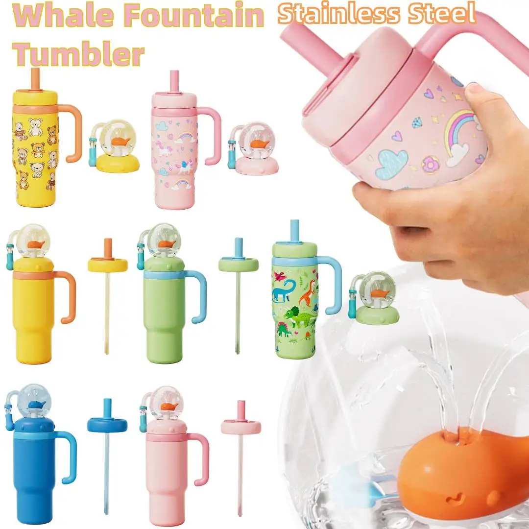 710 مللي كوب نافورة الحوت من الفولاذ المقاوم للصدأ العالمي مع مقبض أكواب مياه الحوت أدوات الشرب مثالية للمراهقين والكبار