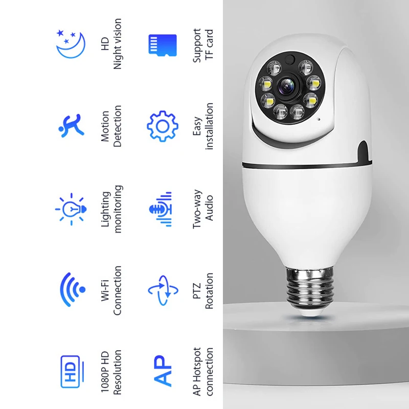 E27 Bulb Surveillance Camera Wifi IP PTZ CCTV Camera Night Vision Human Tracking Security Baby Monitor Cam