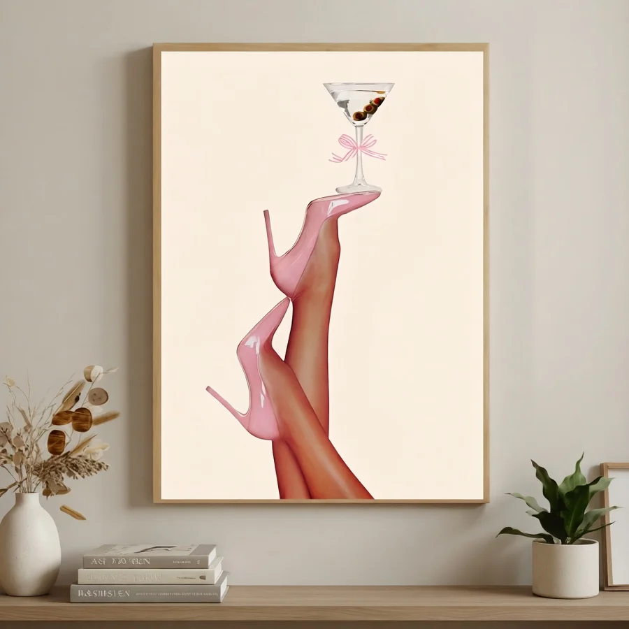Canvas Wall Art Painting Elegant Pink High Heel Frameless Poster for Home Decor Living Room Martini Glass Floral Accents Decor