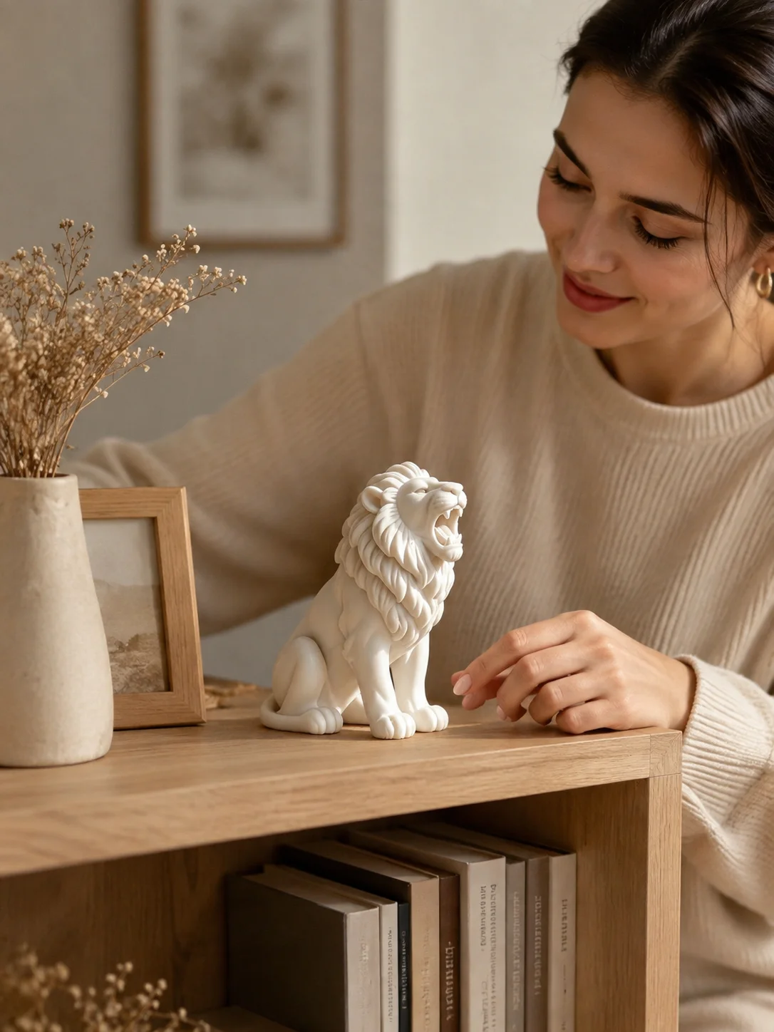 White Roaring Lion Statue Modern Animal Figurine Home Office Shelf Decor Minimalist Sculpture Gift