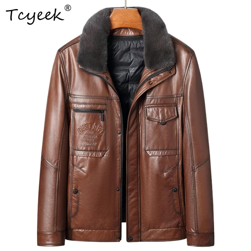

Tcyeek съемный пуховик из натуральной овьей кожи с воротником из норки, осенне-зимняя короткая мужская кожаная куртка с лацканами Chaqueta Cuero Hombre