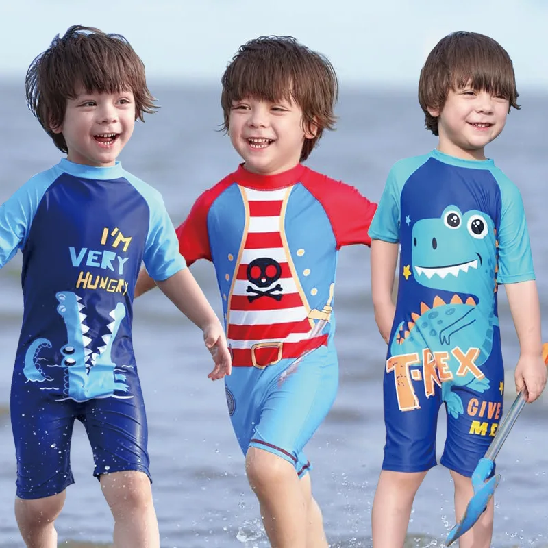 New 2026 Boys One-piece Swimsuit Kids Cute Cartoon Dinosaur Sun-protective Quick-Dry Zipper Surfing Bathing Suit Baby Swimwear