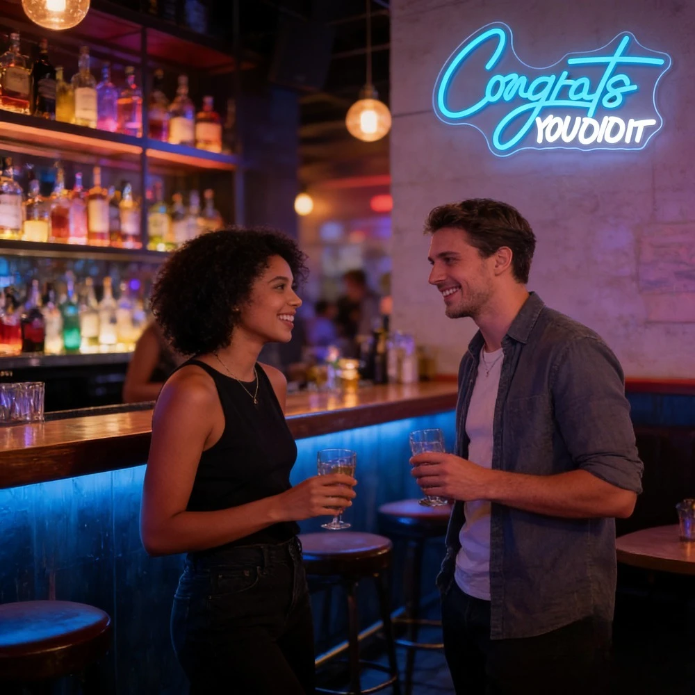 Congrats You Did It Blue White LED Neon Sign Graduation Achievement Gift USB Powered Night Light Party Backdrop Wall Decor