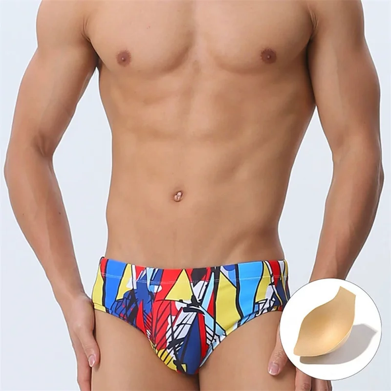 Men's Swimming Trunks Printed Briefs with Protect Pad Fashion Sexy Beach Close-fitting Quick-drying Beach Seaside Swimming Suit