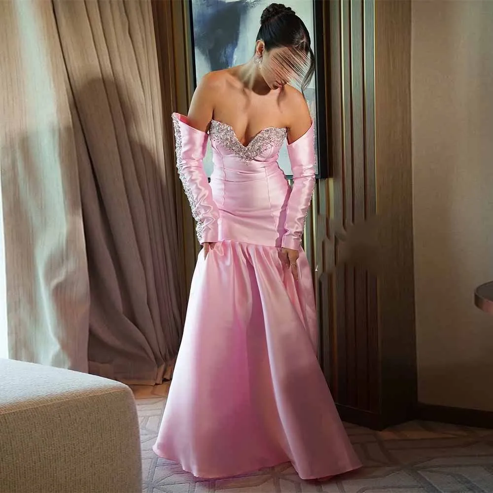 2025 دبي فساتين لحضور الحفلات الموسيقية الفاخرة الساتان حورية البحر/البوق فستان العودة للوطن الوردي الحبيب الخرز قفازات فساتين حفلات أعياد الميلاد طويلة