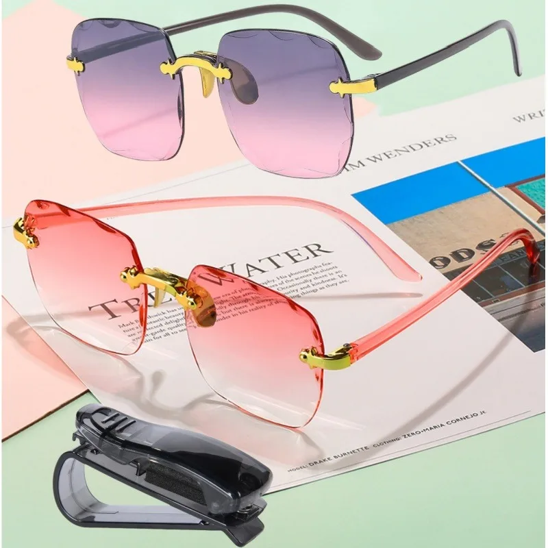 Fashion Trend Rimless Square Sunglasses Car Visor Glasses Clip Glasses Clip Accessories Decorative Supplies Combination Set