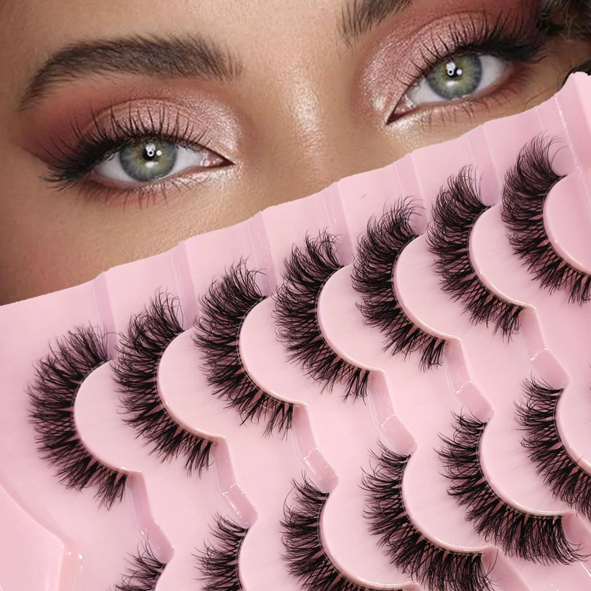 7 Paar falsche Wimpern, natürlicher Look, künstliche Wimpern, wispy Cat-Eye-Wimpern, transparentes Band, falsche Wimpern, 16 mm, Faux-Mink-Wimpern-Set