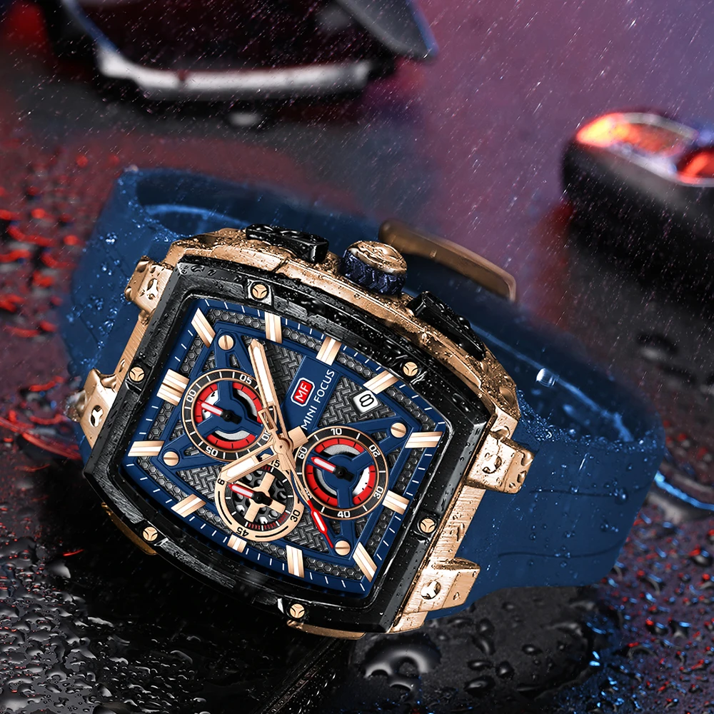 MINI FOCUS النبيذ برميل الهاتفي ساعة رجالية عصرية ليلة توهج الرياضة كرونوغراف في الهواء الطلق كوارتز ساعة اليد هدية الذكور