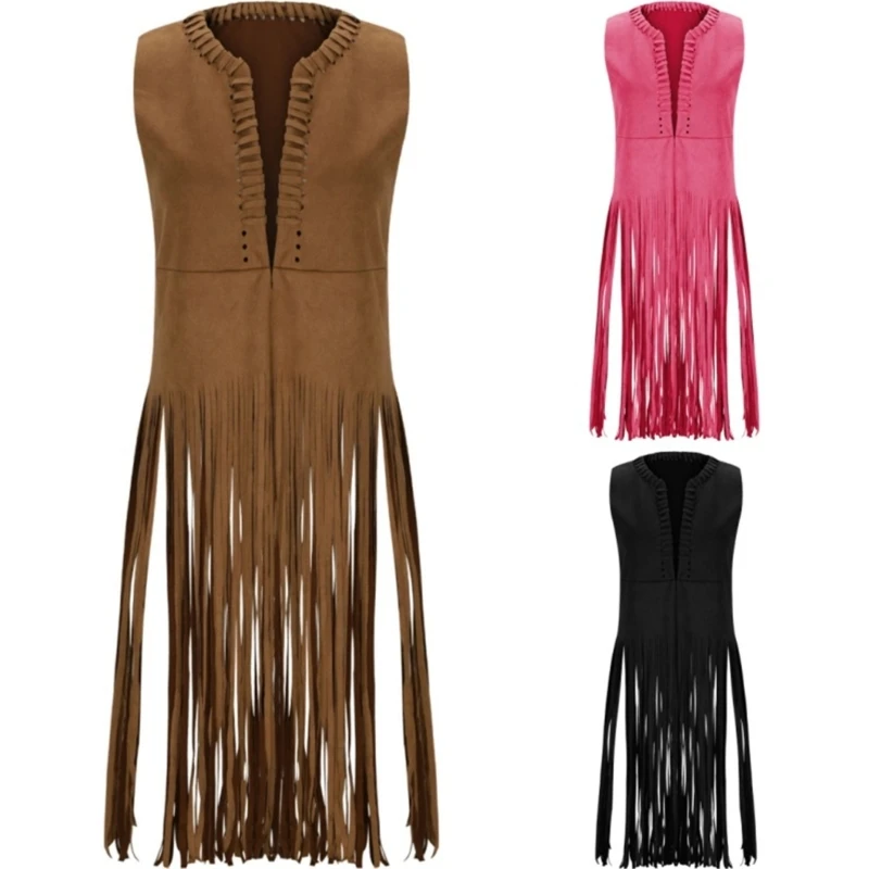 Women's Sleeveless Fringe Vest Faux Suedes Tassels Hippie Costume Jackets Long Cardigan Cowgirl Tops for Festivals Party