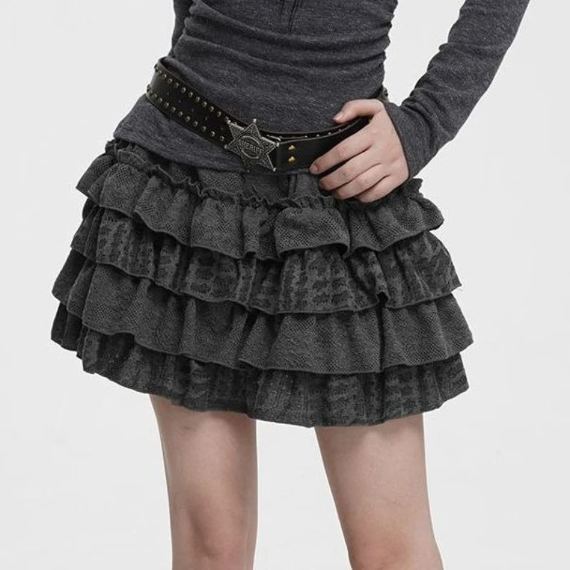 Deeptown Gray Women Ruffle Skirts Vintage Gothic Harajuku Grunge Mini Skirts Kawaii Sweet Casual Fashion Cake Layered Skirts