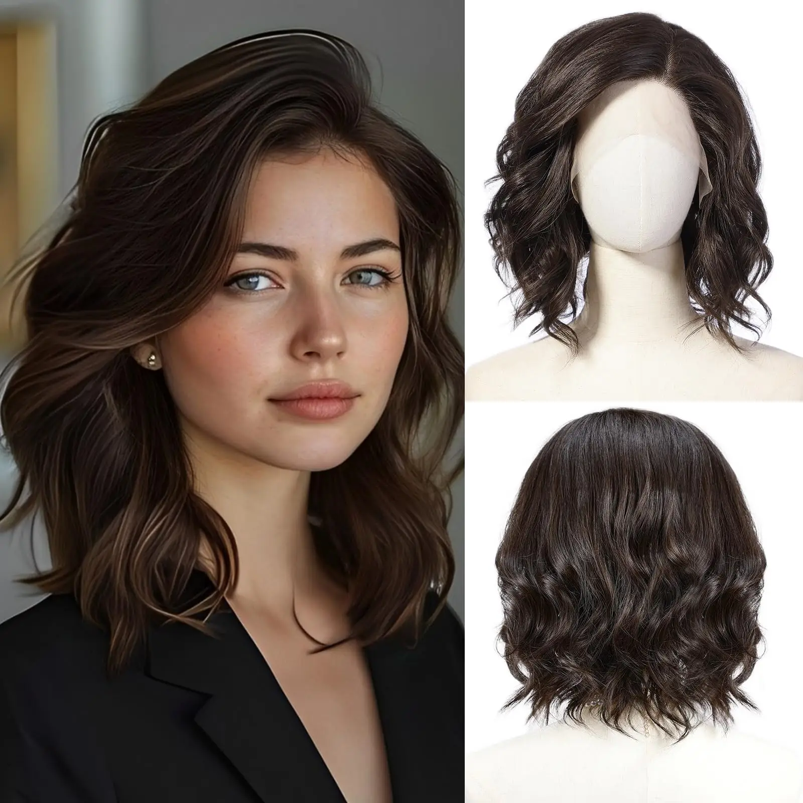 Side Part Wavy Synthetic Wig Dark Brown Layered Lace Front Bob Wig 14 Inch Shoulder Length Heat Resistant Wig for White Women