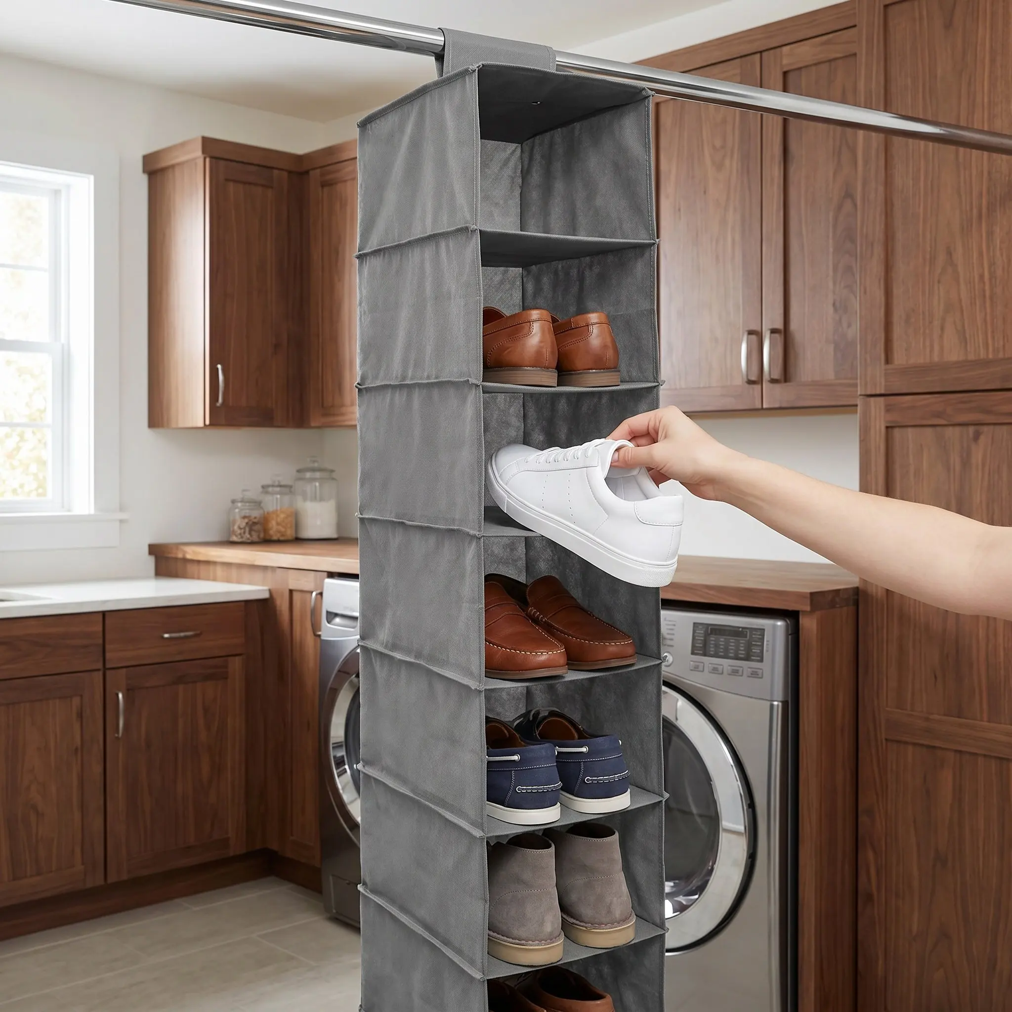 1pc Non-woven Fabric Foldable Hanging Bag 10 Tier Sneaker Shoes Hanging Shelf Door Hanging Closet Organizer Shoes Storage Shelf view 6
