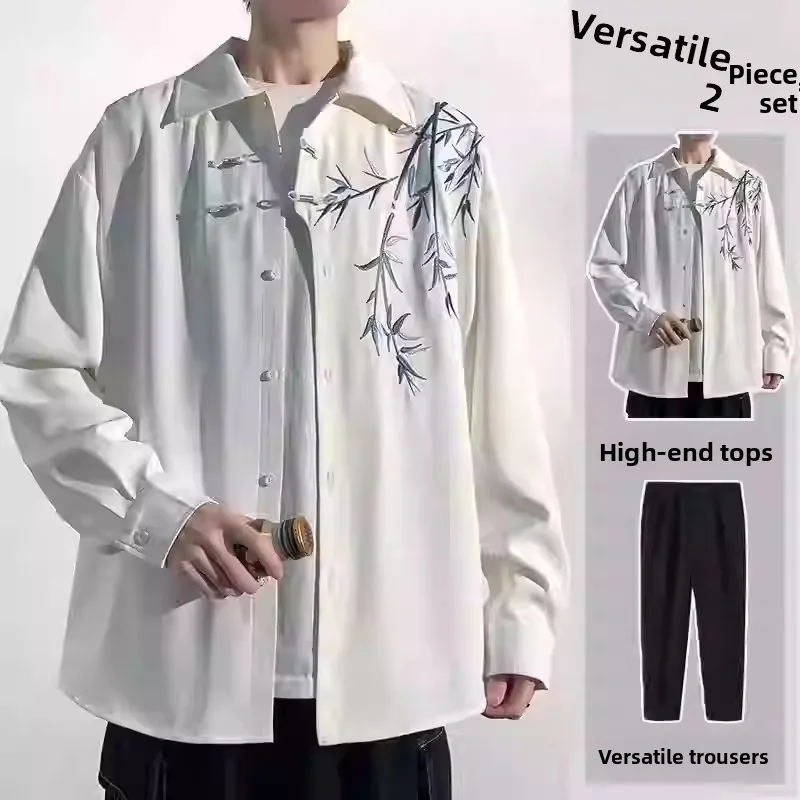 

Loose Fit Bamboo Le Embroidered ort Sve irt Youthful Sle Casual Wear Four Seasons Suitable Men's Faion Set