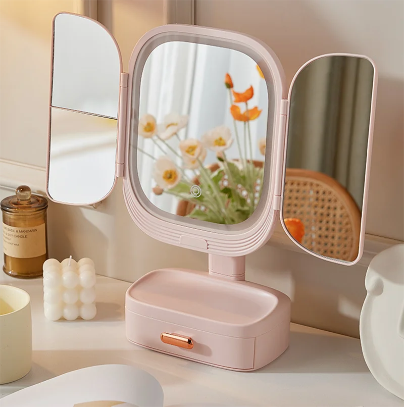 USB Rechargeable Folding LED Makeup Mirror - Rotatable Multifunctional Desktop Vanity Mirror with Lights for Bedroom