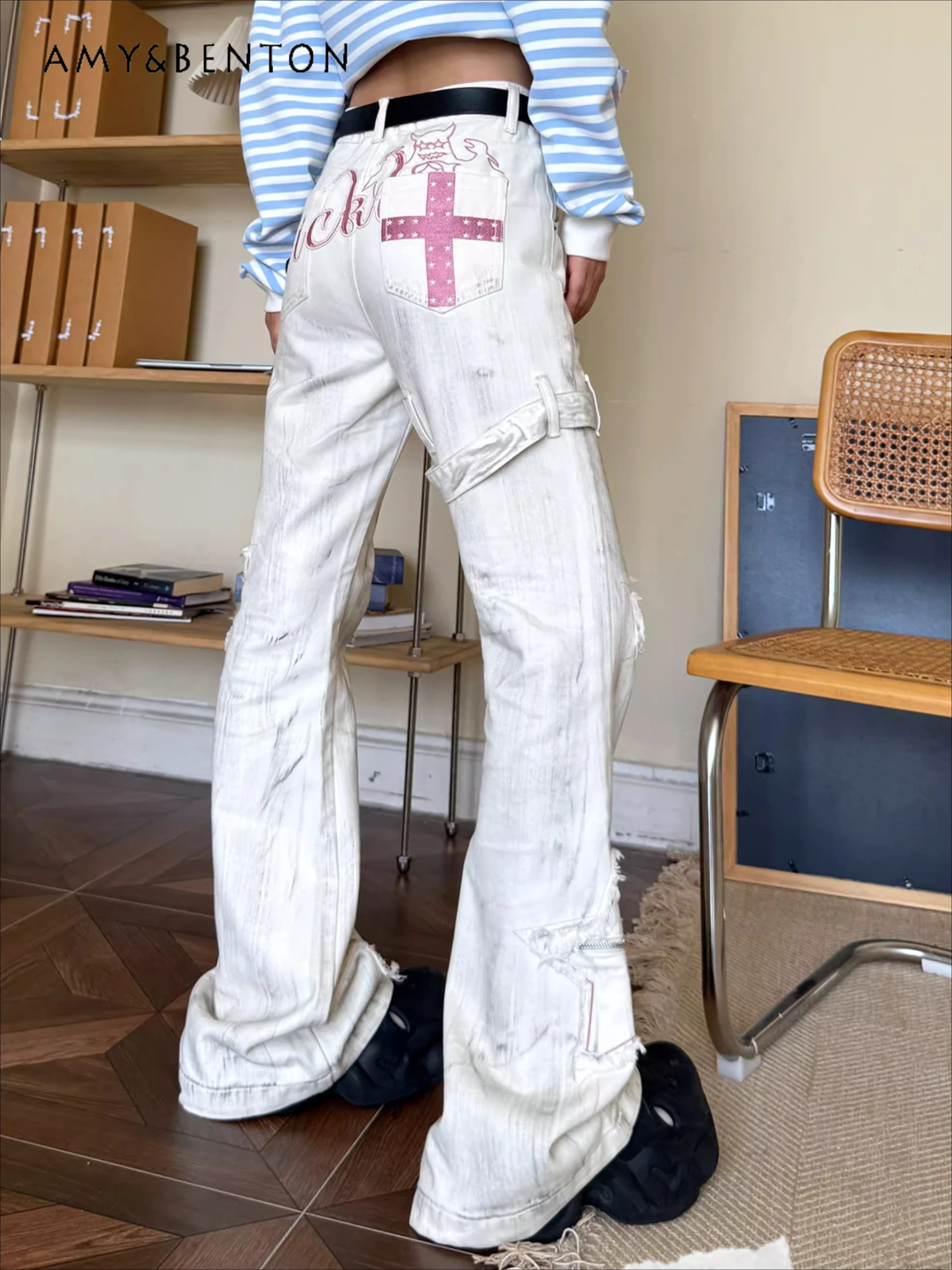 

Винтажные джинсы в американском стиле ретро со звездами, свободные широкие расклешенные брюки, утягивающие длинные брюки в стиле панк с высокой талией