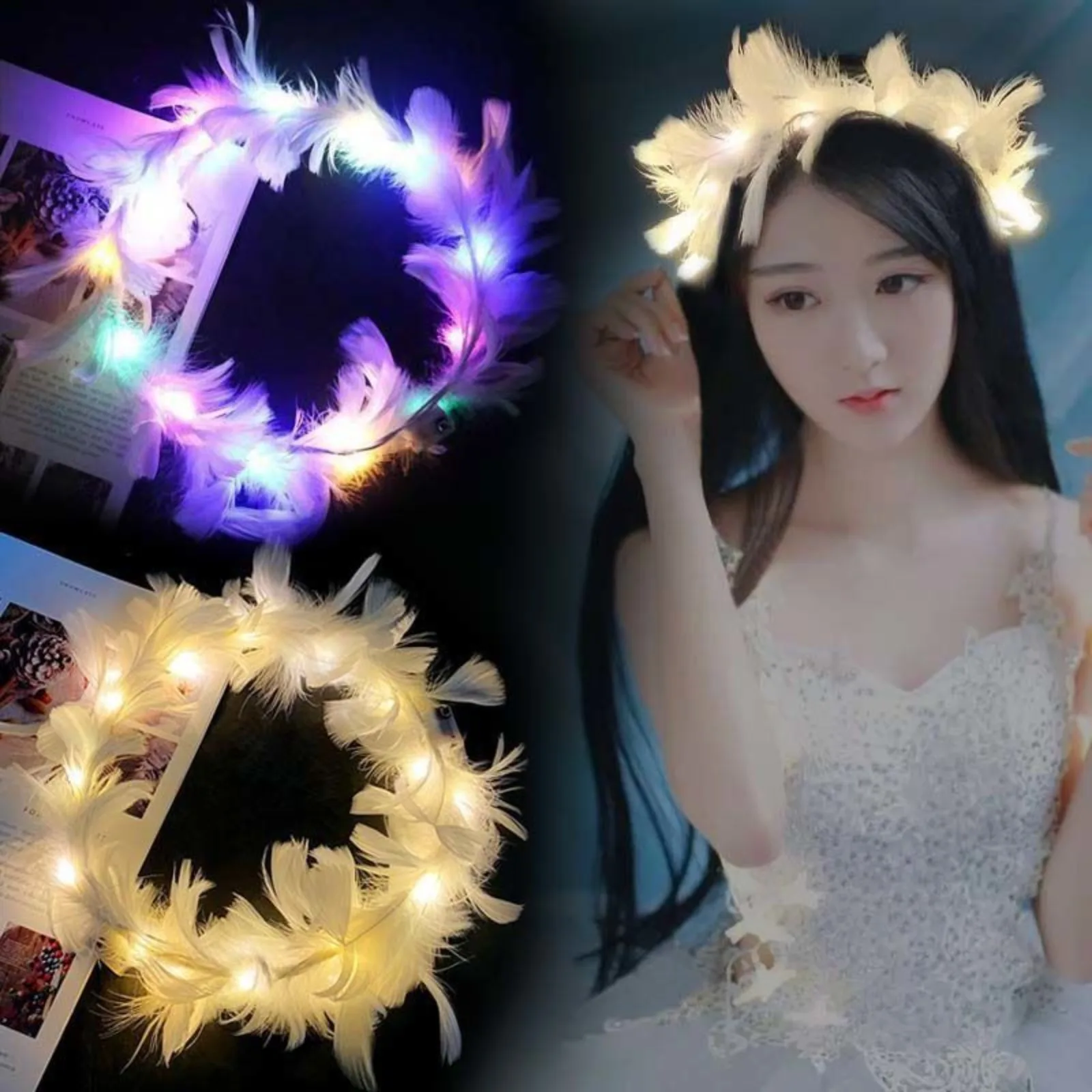 Luminous Light-Up Angel Headband LED Feather Wreath Crown Headband Luminous Headdress for Women Girls Wedding Glow Party Gifts