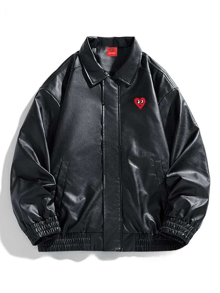 

Charles Heart American Pure Color PU Leather Jaet Men's 2025 Spring Autumn Motorcycle Windproof Casual Collar Jaet Coat