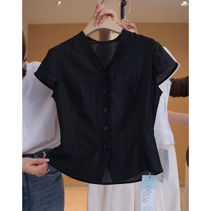 

plus Size Black Flax Short Sleeve Women's Shirt Summer New Fashion Slimming Waist Design Silk Blend Comfortable Casual Top