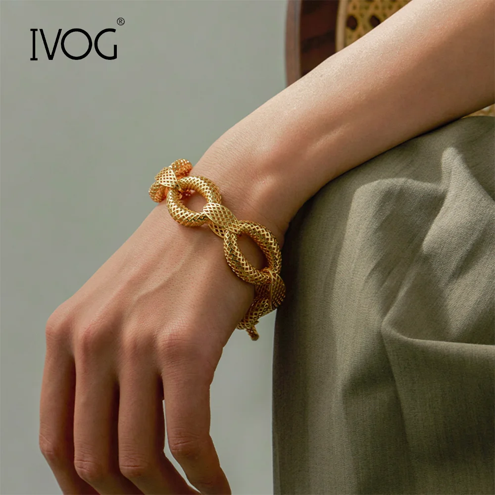 IVOG Oval Links Design Bangle For Women Hollow Out Gold Color Bracelets Fashion Jewelry Official Flagship Store