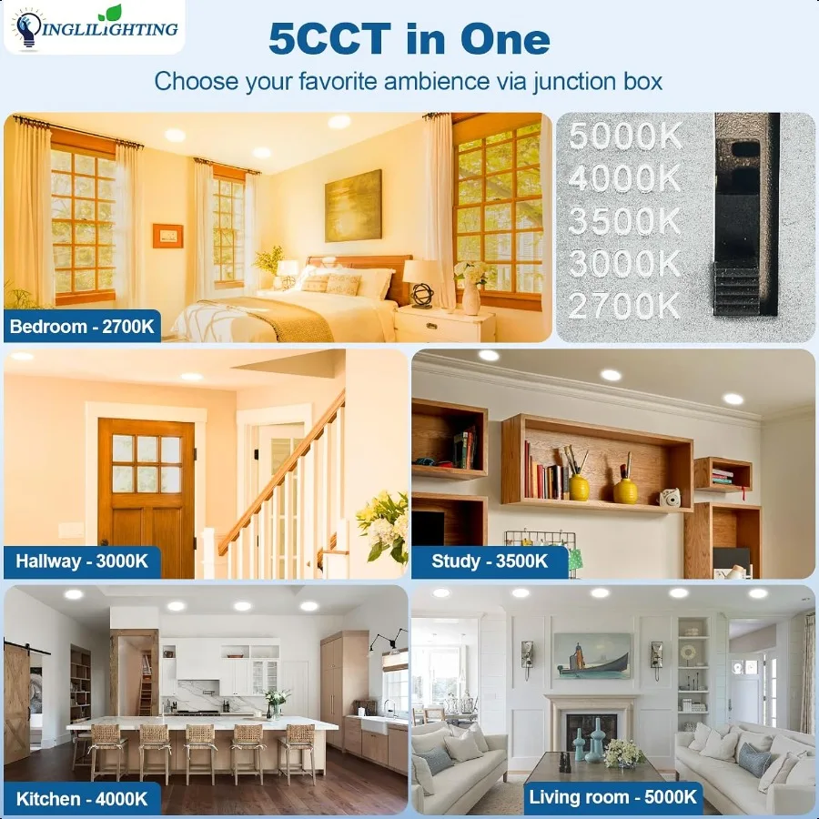 DLLT LED Reced Ceiling Lights: 12 Pack 6 Inch 5CCT UltraThin Lighting with Junction Box for Bedroom 1200LM Brightn 12W Eqv 110W