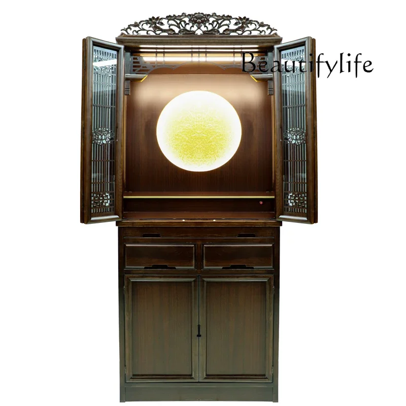 Solid Wood New Chinese Buddha Niche with Door Buddha Cabinet God of Wealth Altar Altar