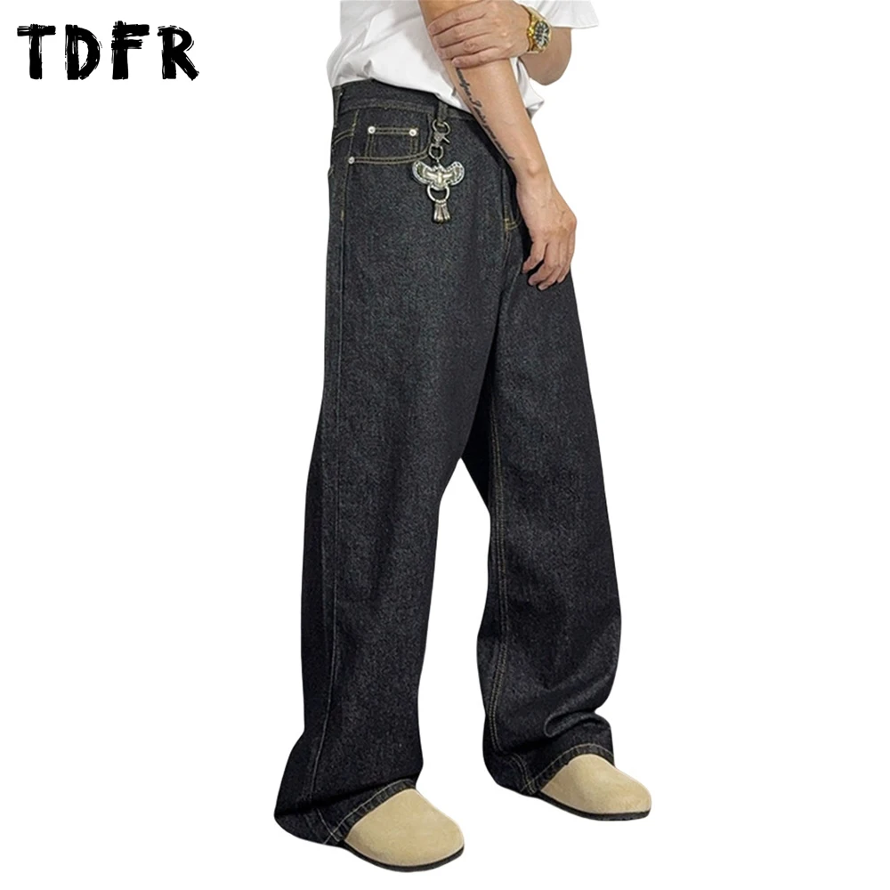 

Pocket Top Stitch Raw Jeans Mens Retro Streetwear Washed Baggy Wide Leg Denim Pants Men