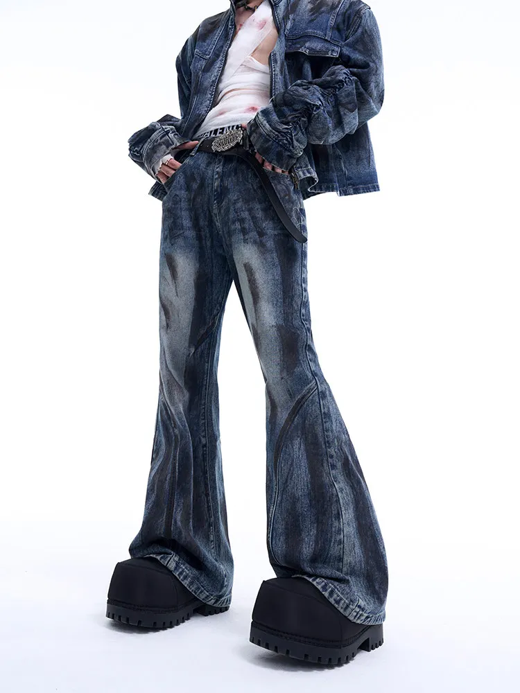 

StarTexceedend American High Street Worn Micro Flared Jeans Men Autumn Deconstructed Design Low Waist Denim Casual Loose Stra...