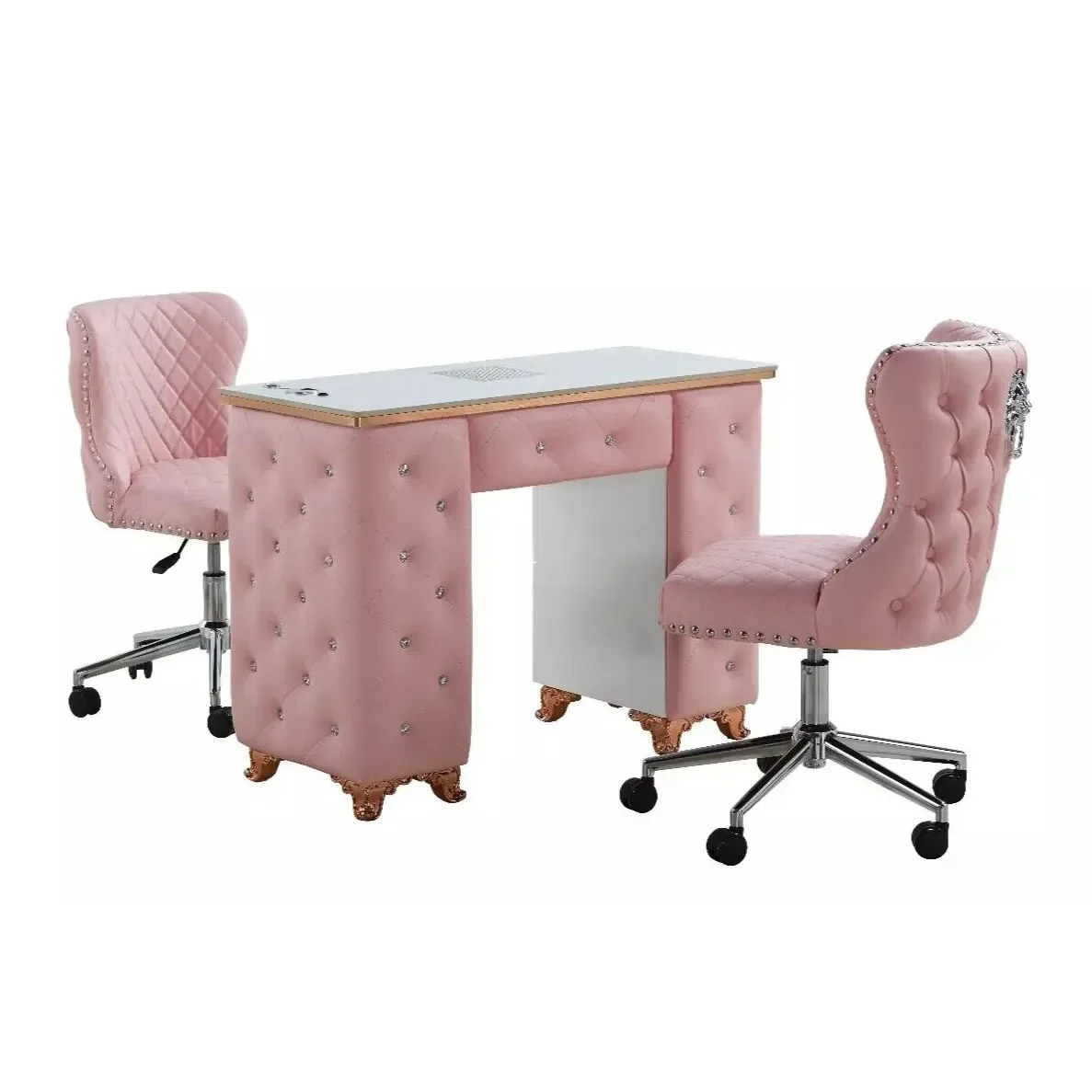 Manicure Table Nail Station Marble Top Desk with nail table lamp, Pink nail tech table with Tufted Cushion and PU