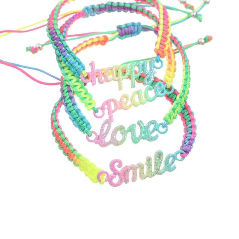 4Pcs/set Colorful Handmade Knitted Rainbow Rope Happy Smile Love Peace Words Charm Bracelet for Girls DIY Jewellery