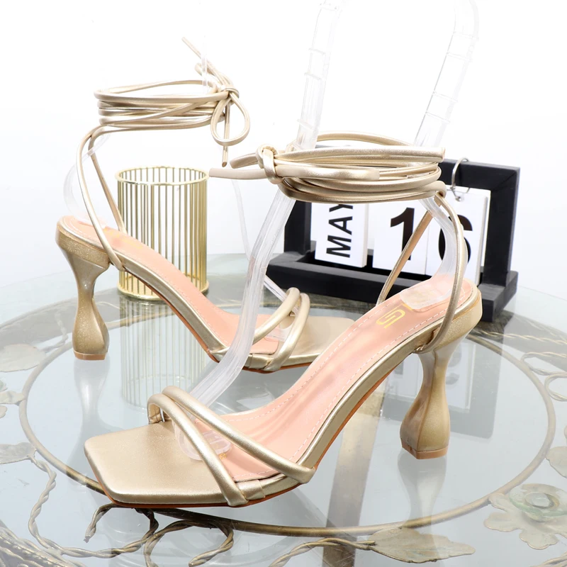 Cross strap Rome sandals summer 2023 foreign trade plus size lace-up stiletto sandals fashion banquet women's shoes heel 8CM