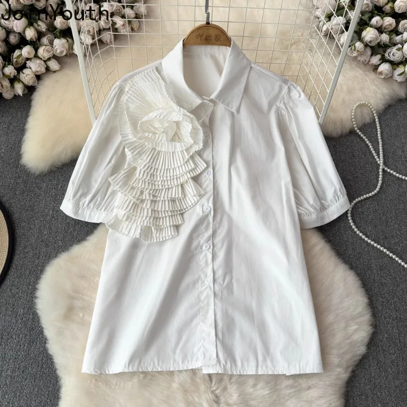 2024 Camisas De Mujer Summer White Blouse for Women Short Sleeve 3F Floral Folds Shirts Fashion Korean Vintage Blouses Tops