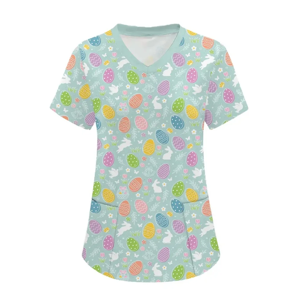 Uniformes médicos para mujer, uniforme clínico de manga corta con cuello en V microelástico con estampado de conejito de Pascua, moda para enfermera Dental