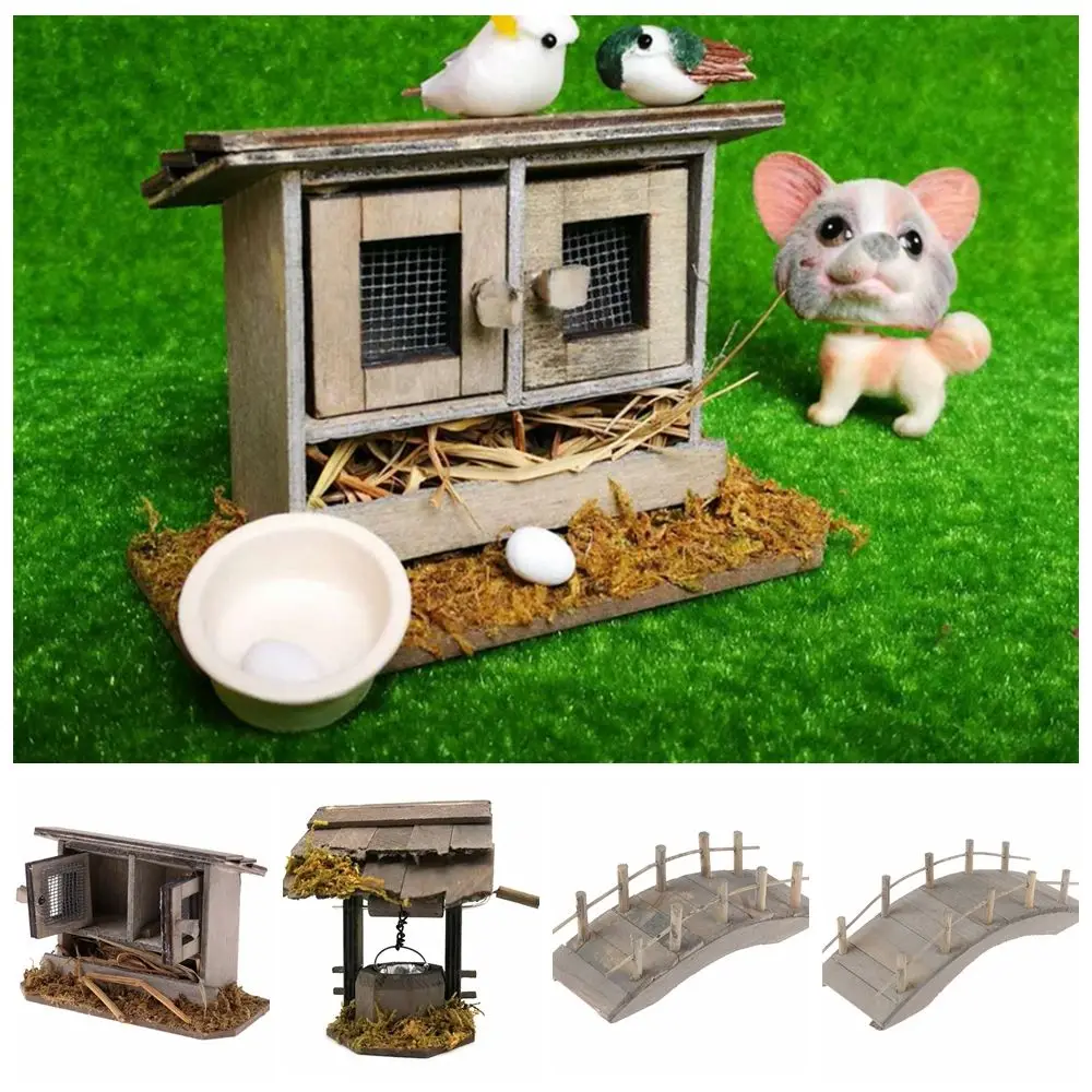 ของตกแต่งบ้านจำลอง ของเล่นบ้านตุ๊กตา ฉากกลางแจ้ง โมเดลตุ๊กตา อุปกรณ์เสริม บ้านไก่จิ๋ว สะพานโค้งไม้