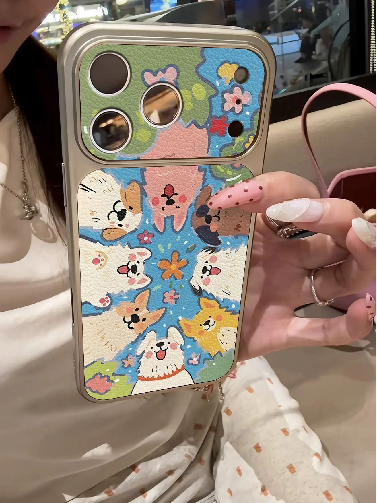 Cartoon-Farbige Kätzchen-Imitat 17 Handyhülle für iPhone 13 14 15 16 17 Pro Max 17Pro, Galvanisierter Stoßfänger, Stoßfeste Leder-INS-Hülle – Detail 6