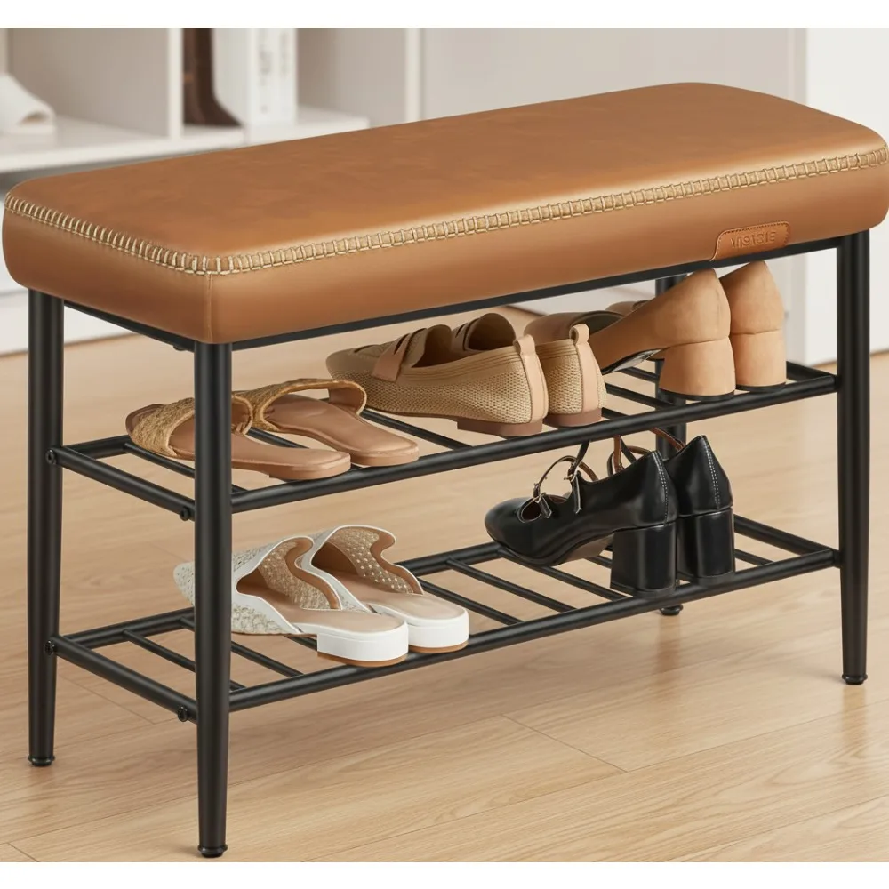 

Mid-Century Modern Shoe Rack Bench, Entryway Storage Seat with 300lb Capacity, Caramel Brown Synthetic Leather