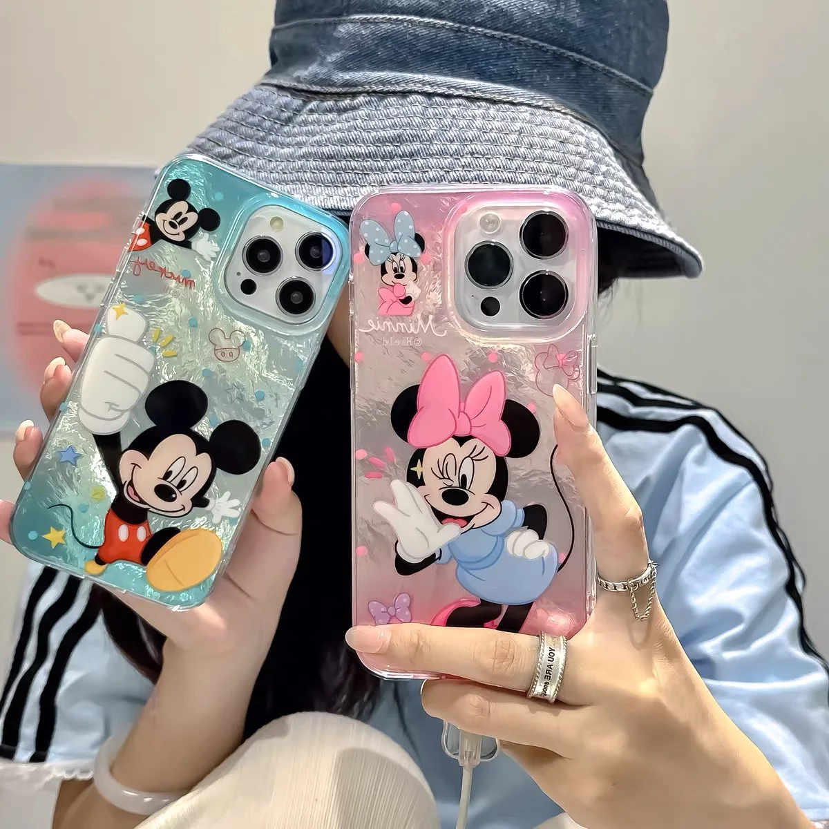 Cute Cartoon Disneies Mickey Minnie Phone Case for Samsung Galaxy S24 S23 Ultra Plus 5G S21 FE Feather Texture Hard Cover Funda