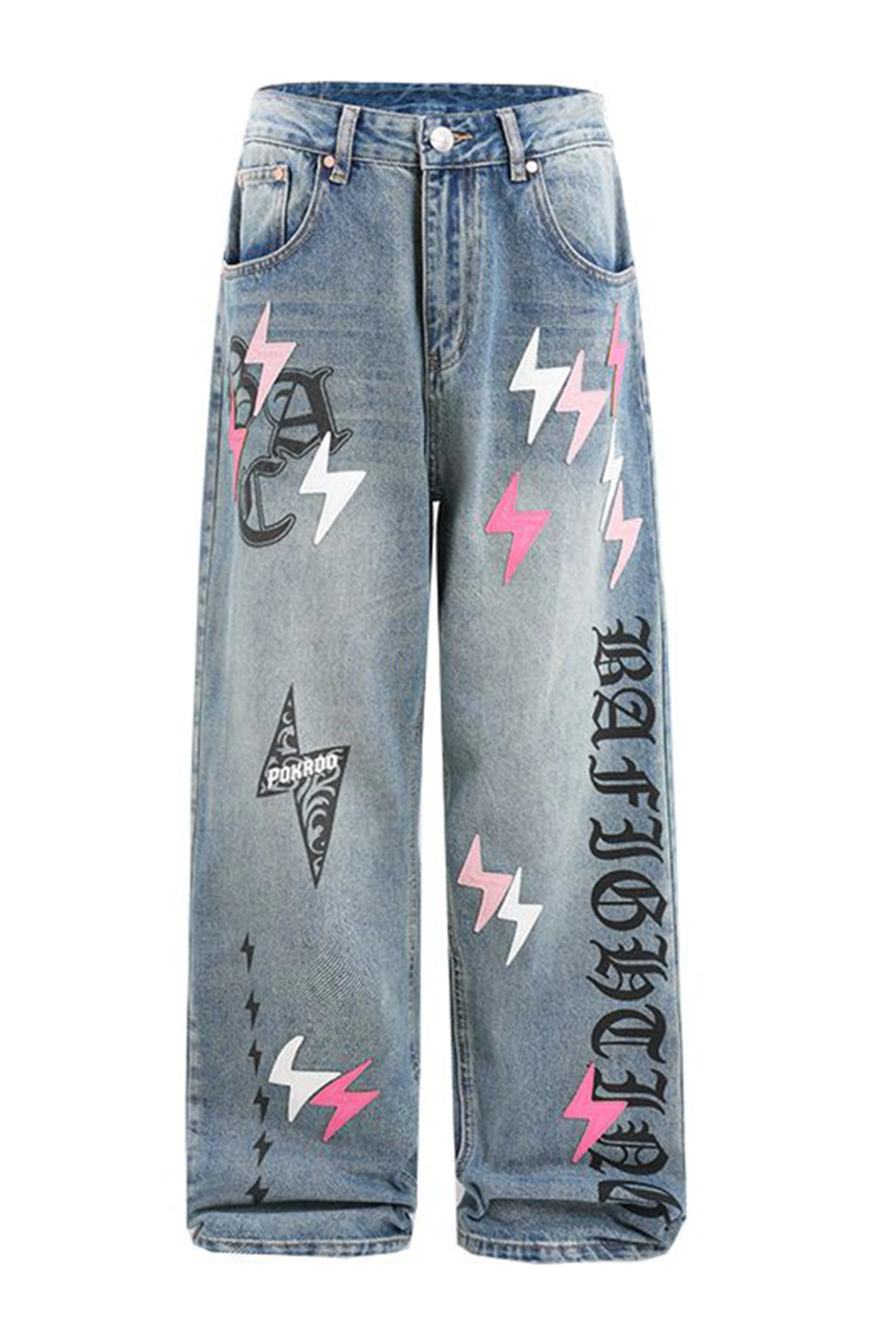 Lightning Jeans for Men, New Spring and Autumn Collection, Pink American Retro Patchwork Washed Loose Straight-Leg Unisex High Street Party Gathering Trousers