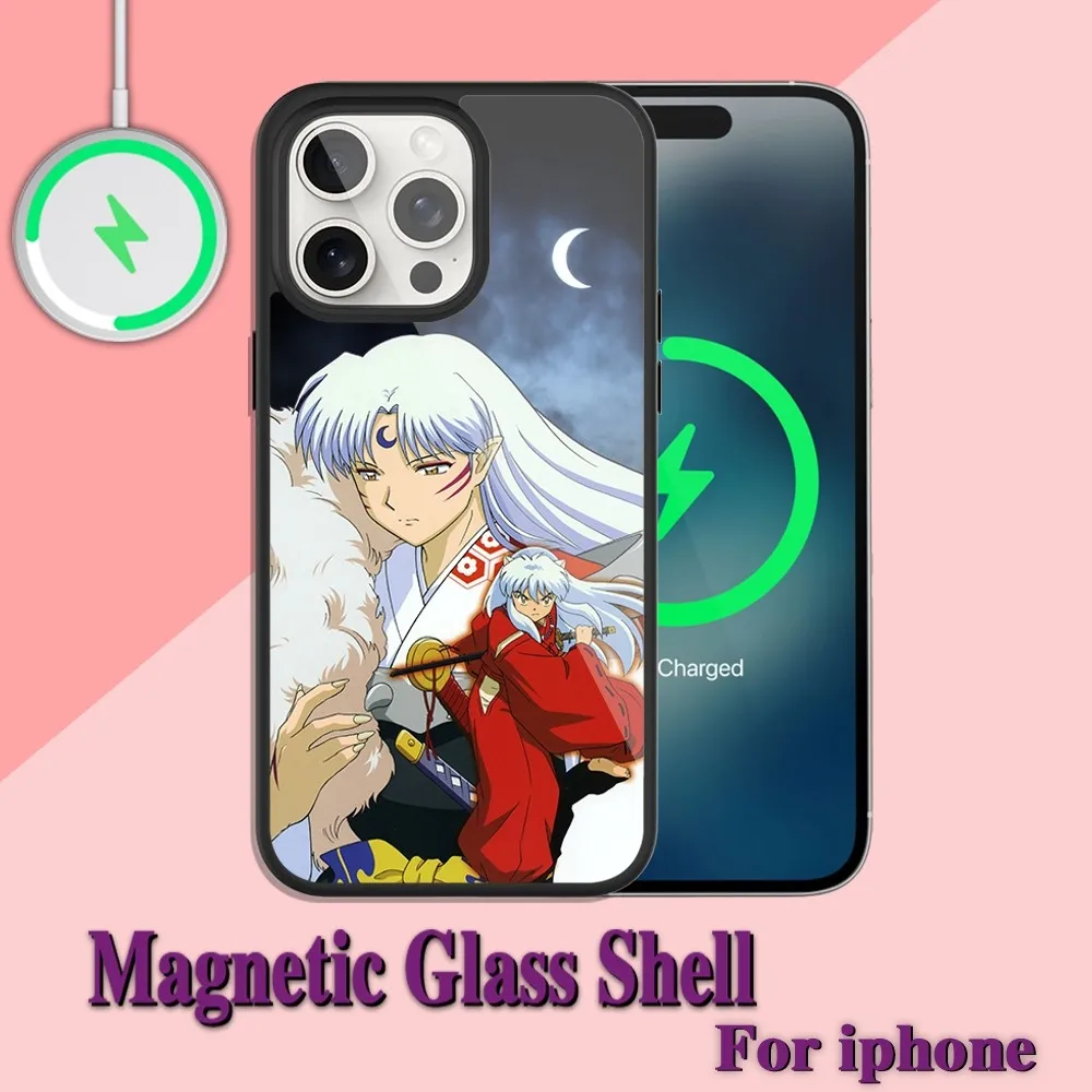 Custodia per telefono Anime InuYasha Sesshomaru per ricarica iPhone 13 14 15 11 12 Pro Max Plus guscio magnetico Magsafe in vetro