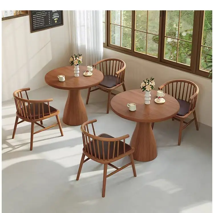 Modern waterproof round dining table, suitable for 6 people, no assembly required, bamboo board wood grain style
