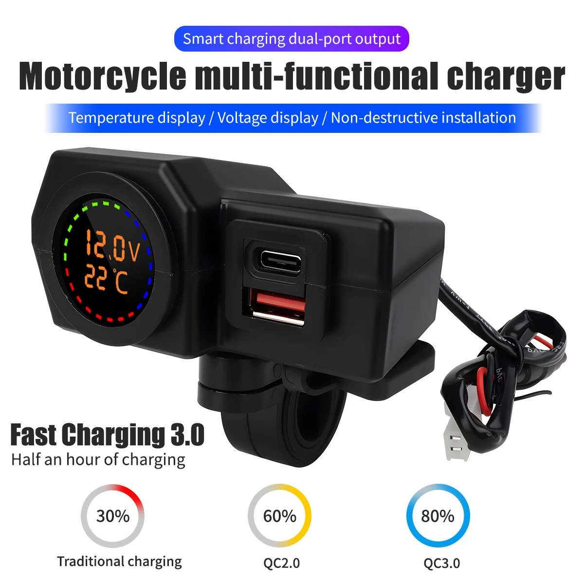 KEVANLY Motorcycle TYPE-C USB Socket QC3.0 Fast Charger Mirrow Handle Style Voltmeter Waterproof 12V Power Supply Adapter Kit