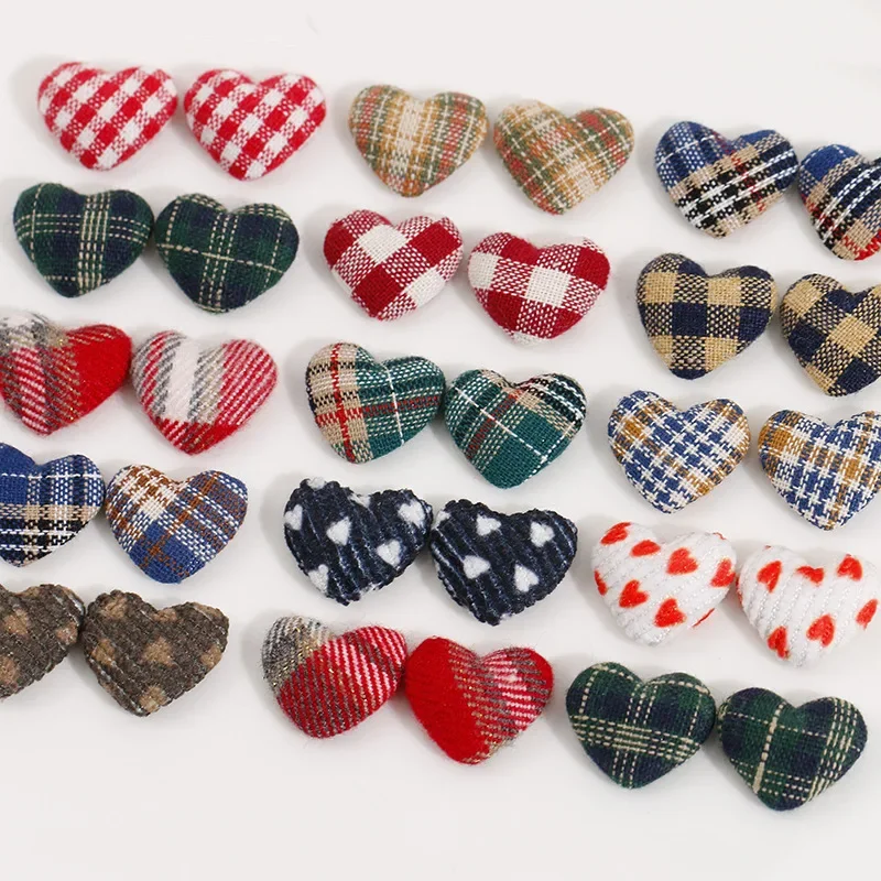 5pcs Colorful plaid color matching heart heart metal button flatback earrings for women\'s hair clips phone cases DIY accessori