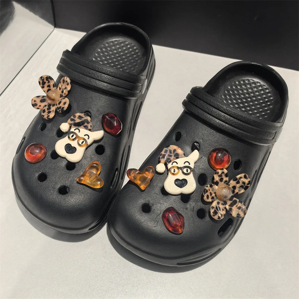 Clog Shoe Charms Leopard Print Dog Glasses Brown Tone Amber Acetate Detachable Premium Accessory for Garden Sandals Travel