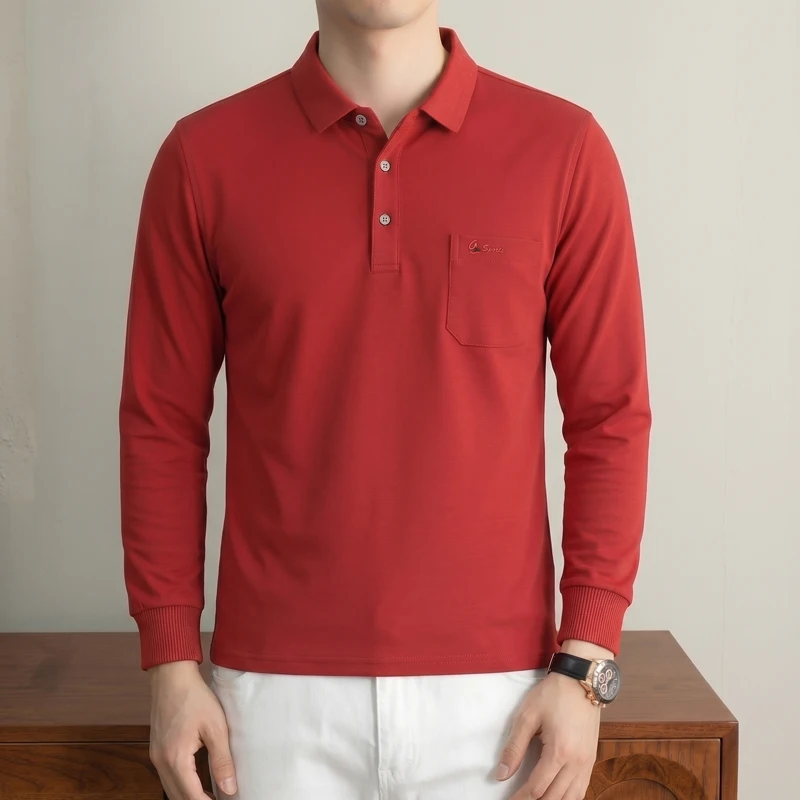 Trend solid color men's long sleeve polo shirt brand high-quality exquisite embroidery pocket new comfort casual autumn T-shirt