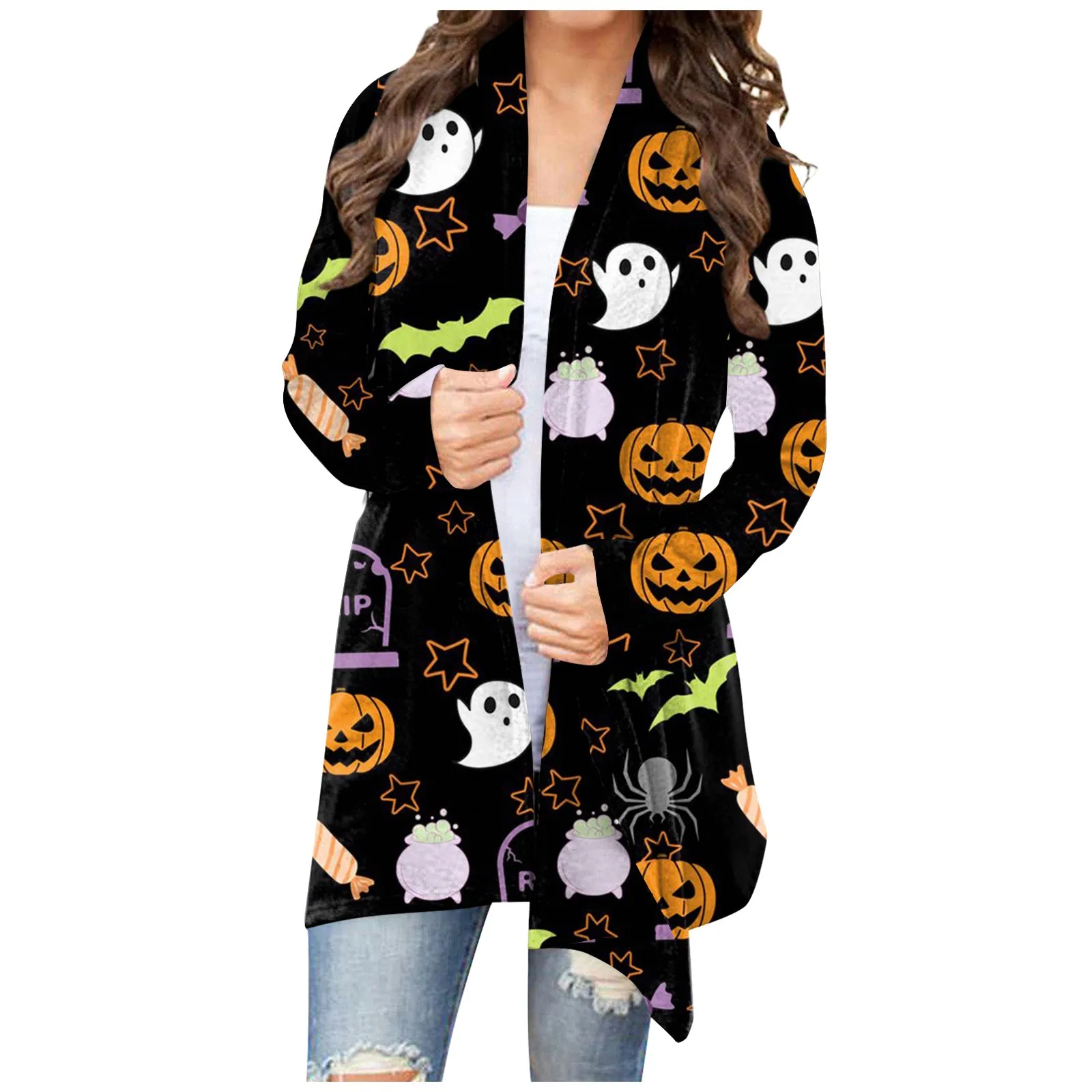 Women's Coat Spring Autumn style Casual coat Fashion Floral Halloween Print Medium Length Cardigan Jacket Coat